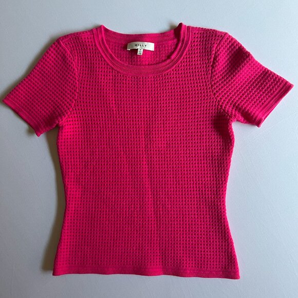 (EUC) Milly Hot Pink Fuchsia Perforated Sweater Cotton Knit Shirt Blouse - Picture 2 of 3